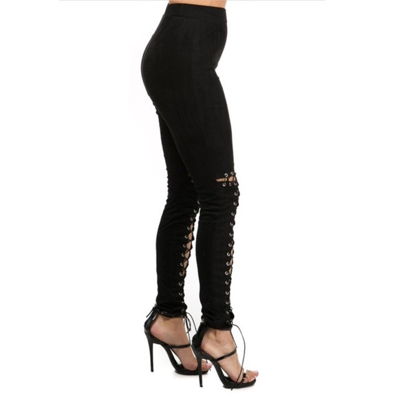 Vegan Suede High Waist Lace Up Leggings - Picture 3 of 8